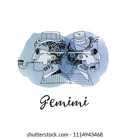 Gemini steampunk zodiac. Hand drawn vector sketch