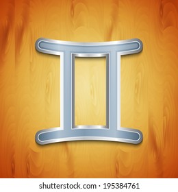 Gemini symbol on wood background. EPS10 vector