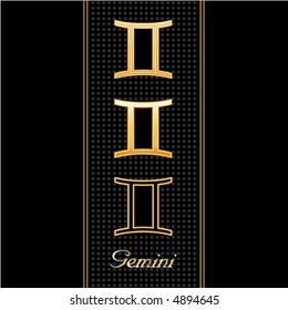 GEMINI SYMBOLS, gold embossed zodiac icons in three styles for the astrology Air Sign, Gemini, textured black background. EPS8 compatible.