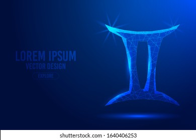 Gemini third zodiac sign abstract background. Low poly wireframe digital banner. Linear and polygonal 3D concept of horoscope, celestial constellation. Vector isolated illustration.