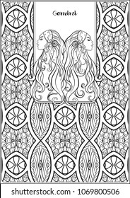 Gemini. Twins, girls . Decorative zodiac sign on pattern background. Outline hand drawing. Good for coloring page for theÂ adult coloring book Stock vectorÂ illustration.