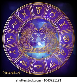 Gemini, twins girls Zodiac sign. Astrological horoscope collection. Gold on ultra violet space  background. Vector illustration