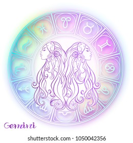 Gemini, twins girls Zodiac sign. Astrological horoscope collection. Violet on soft ultra violet space  background. Vector illustration