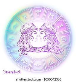 Gemini, twins girls Zodiac sign. Astrological horoscope collection. Violet on soft ultra violet space  background. Vector illustration