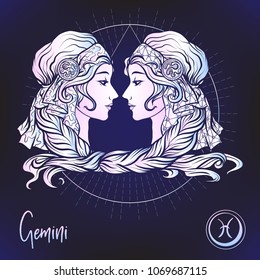 Gemini, twins, girls Zodiac sign. Astrological horoscope collection. Multicolor on black dackground. Vector illustration