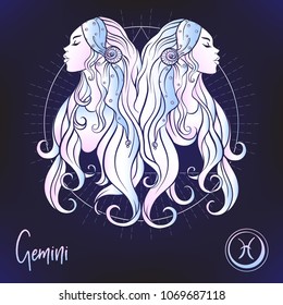 Gemini, twins, girls Zodiac sign. Astrological horoscope collection. Multicolor on black dackground. Vector illustration