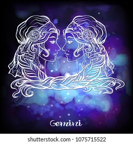 Gemini, twins, girls Zodiac sign. Astrological horoscope collection. White on dark  blue and ultra violet space  background. Vector illustration