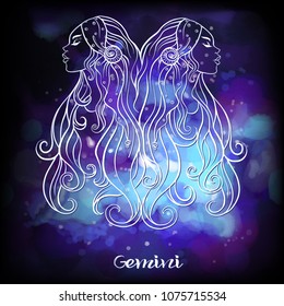 Gemini, twins, girls Zodiac sign. Astrological horoscope collection. White on dark  blue and ultra violet space  background. Vector illustration