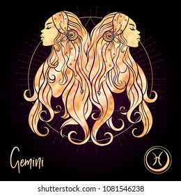 Gemini, twins, girls Zodiac sign. Astrological horoscope collection. Rose gold on black dackground. Vector illustration