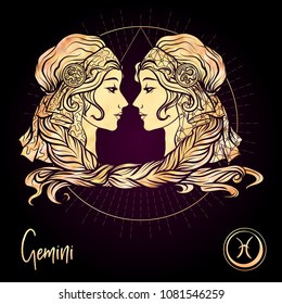 Gemini, twins, girls Zodiac sign. Astrological horoscope collection. Rose gold on black dackground. Vector illustration