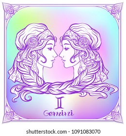 Gemini, twins girls Zodiac sign. Astrological horoscope collection. Violet on soft ultra violet space  background. Vector illustration