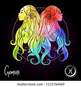 Gemini, twins, girls 
Zodiac sign. Astrological horoscope collection. Multicolor on black dackground. Vector illustration