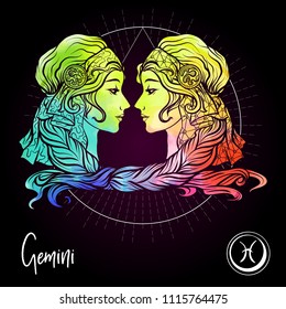 Gemini, twins, girls 
Zodiac sign. Astrological horoscope collection. Multicolor on black dackground. Vector illustration