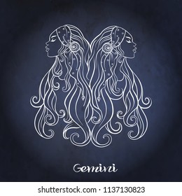 Gemini, twins, girls Zodiac sign. Astrological horoscope collection. White on dark  blue, black space  background. Vector illustration