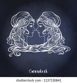 Gemini, twins, girls Zodiac sign. Astrological horoscope collection. White on dark  blue, black space  background. Vector illustration