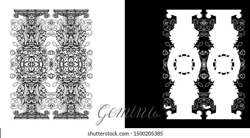 Gemini or Twins Zodiac Sign with victorian baroque patterns. Collection of astrological symbols. Design Set with vector hand drawn illustrations for Horoscope, Esoteric and Mystic background