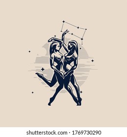 Gemini. Two girls are twins. Constellation of Gemini. Vector illustration.