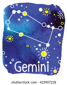  Gemini. Vector drawing on watercolor background staining. Constellation , signs of the zodiac .