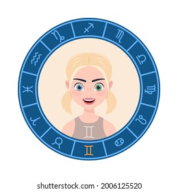 Gemini. vector illustration. cute cartoon girl is like a zodiac sign. round symbol on a white background.