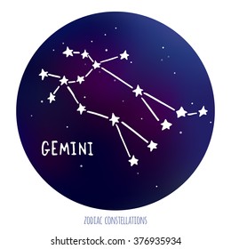 Gemini vector sign. Zodiacal constellation made of stars on space background.