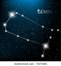 Gemini vector Zodiac sign bright stars in cosmos.