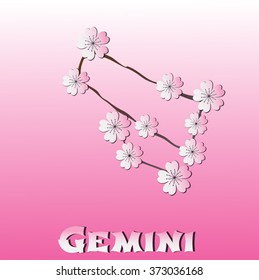 Gemini vector Zodiac sign. Paper sakura flowers on pink background.