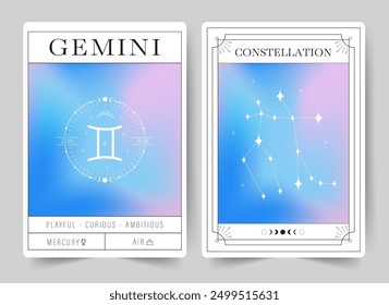 Gemini. Witchcraft cards with astrology zodiac sign and constellation. Modern gradient blurred astrology posters in Y2k style. Perfect for tarot readers and astrologers. Vector illustration.