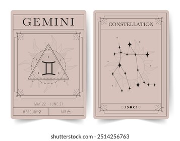 Gemini. Witchcraft cards with astrology zodiac sign and constellation. Modern boho astrology posters. Perfect for tarot readers and astrologers. Vector illustration.