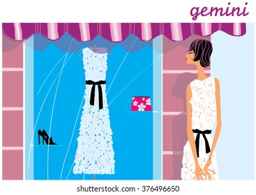 Gemini woman horoscope sign. Bride looking at the wedding dress in a shop window. 