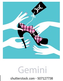 Gemini woman horoscope sign. Female hands holding a fashion shoe. Vector illustration