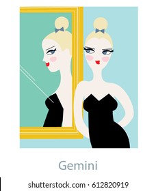 Gemini Woman horoscope sign as a female looking in the mirror. Vector illustration