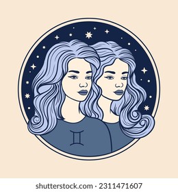 Gemini woman zodiac sign, beautiful girl face, horoscope symbol