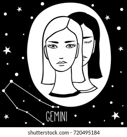 Gemini. Woman with zodiac sign. Stars, astrological, constellation, beauty, female. Hand drawn vector illustration of the girl. Sketch style, black and white