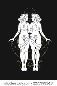 Gemini woman zodiac symbol antique goddess astrology celestial line art deco vector illustration. Female twins ancient mythology horoscope constellation astral lunar calendar spiritual fashion artwork