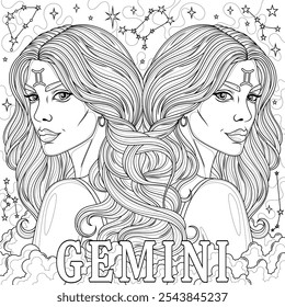 Gemini Woman.Astrological Zodiac Sign.Coloring book antistress for children and adults. Illustration isolated on white background.Zen-tangle style. Hand draw