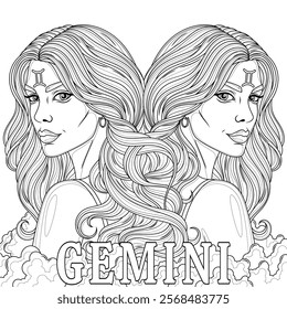 Gemini Woman.Astrological Zodiac Sign.Coloring book antistress for children and adults. Illustration isolated on white background.Zen-tangle style. Hand draw