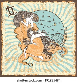 Gemini womans zodiac signs of Horoscope circle with constellation on shabby vintage background.Two woman in dresses with long hair blowing.Graphic Vector Illustration in retro style.  