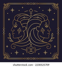 Gemini zodiac astrologisches Horoskop golden Schild dunkle Marine Karte. Stilisiertes Zwillingssymbol für esoterische, zodiakale astrologische Kalender, Horoskop-Konstellation dünne Vektorgrafik