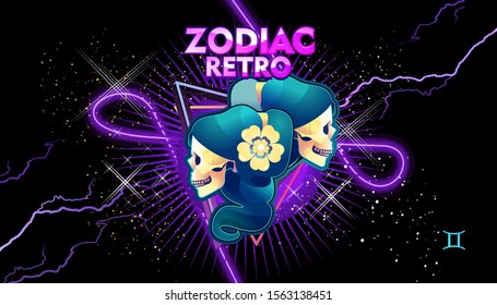 Gemini zodiac Astrological horoscope, in retro style on a black background with neon luminous elements, sacred gothic symbols of the constellations, vector horizontal illustration