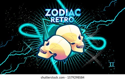 Gemini zodiac Astrological horoscope, in retro style on a black background with neon luminous elements, sacred gothic symbols of the constellations, vector horizontal illustration