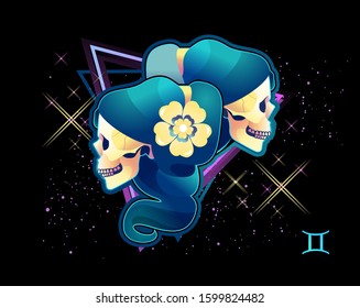 Gemini zodiac Astrological horoscope, in retro style on a black background with neon luminous elements, sacred gothic symbols of the constellations, vector horizontal illustration