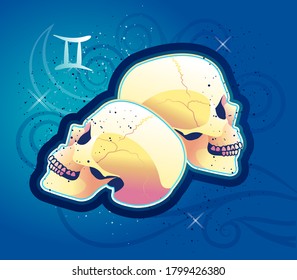Gemini zodiac astrological sign in round shape isolated on white background, in the Gothic style, horoscope with skulls, alchemy and occultism, vector illustration