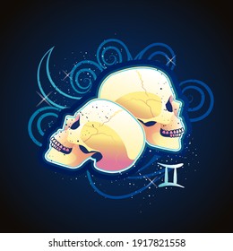 Gemini zodiac astrological sign in round shape isolated on white background, in the Gothic style, horoscope with skulls, alchemy and occultism, vector illustration