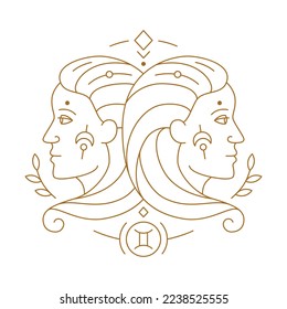 Gemini zodiac astrology horoscope stylized sign thin line. Twins symbol of esoteric, zodiacal astrological calendar, horoscope constellation vector illustration