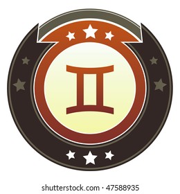 Gemini zodiac astrology  icon on round red and brown imperial vector button with star accents suitable for use on website, in print and promotional materials, and for advertising.