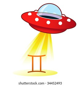 Gemini zodiac astrology sign icon on retro flying saucer UFO with light beam.