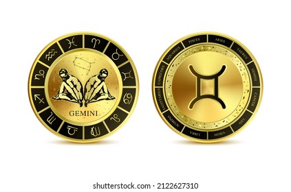 Gemini zodiac coin isolated on a white background. Witchcraft astrology for zodiac constellations. Modern magic divination. Gold coins sign. Realistic 3D vector EPS10 illustration.