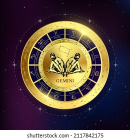 Gemini zodiac coin. Witchcraft astrology for zodiac constellations. Modern magic divination. Gold coins sign isolated on a blue background esoteric. Realistic 3D vector EPS10 illustration.