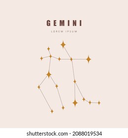 Gemini zodiac constellation. Horoscope vector illustration in boho style. Mystery and esoteric. Spiritual tarot poster. Magic occult and astrology card.