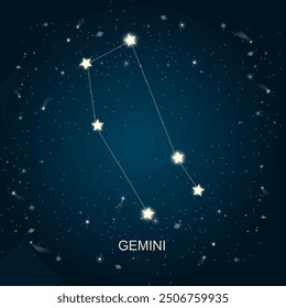 Gemini zodiac constellation with luminous stars interconnected by lines, depicted against a deep star-filled space. Perfect for astrology, horoscope themes, star maps, and celestial designs.